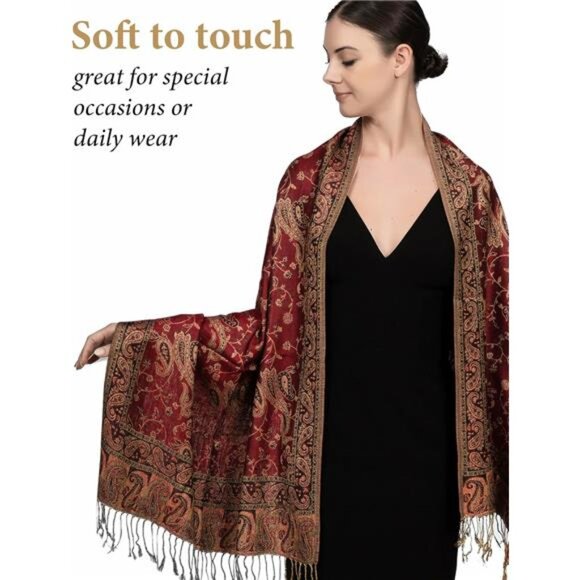 Soft Silky Reversible Paisley Pashmina Shawl Wrap Scarf w/Fringes - Picture 2 of 7